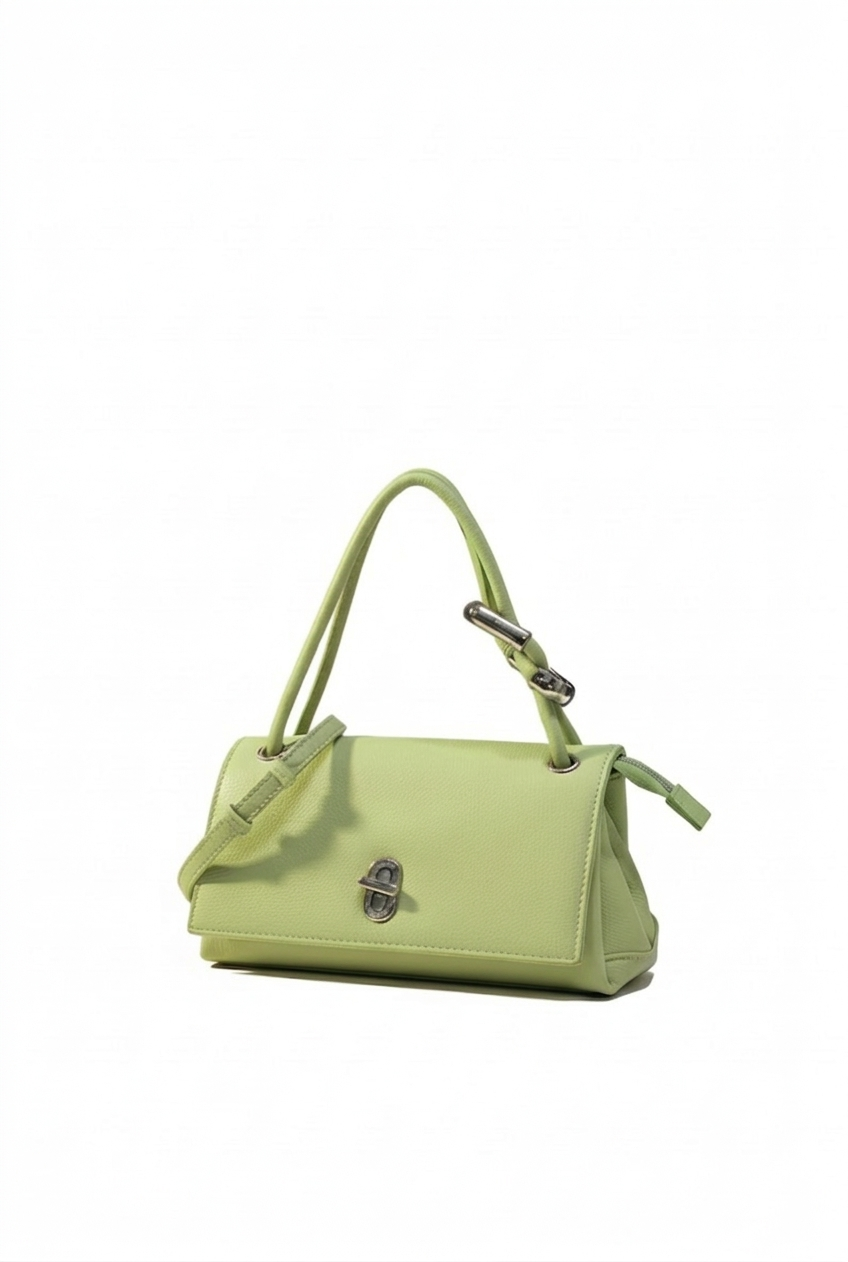 Mini bolsa de mano verde olivo east-west con solapa y broche giratorio plateado – DALALI